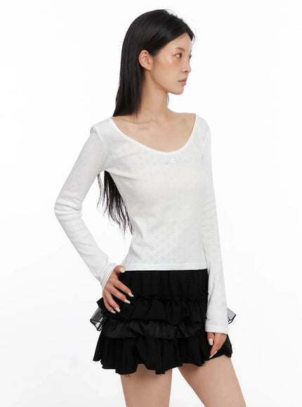 Scoop Neck Ribbed Long Sleeve Top IS508