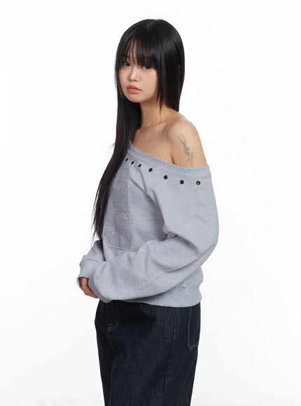 eyelet-trimmed-off-shoulder-sweatshirt-cf504 / Gray