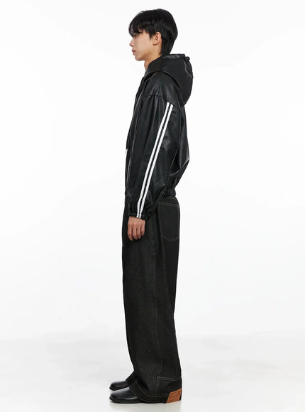 Men's Faux Leather Track Hooded Jacket IO517