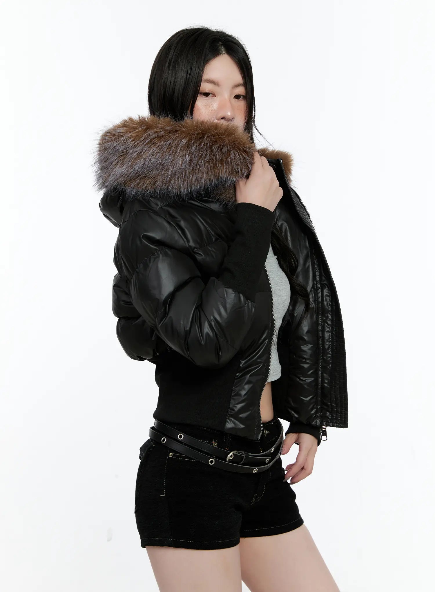 Cropped Faux-Fur Hood Puffer Jacket CN517