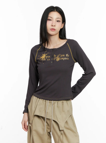 Tattoo Graphic U-Neck Long Sleeve Tee CG526