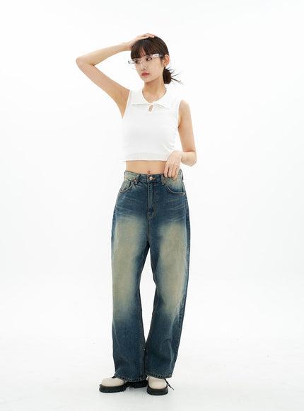 Bleached Wide Leg Denim Pants CA07