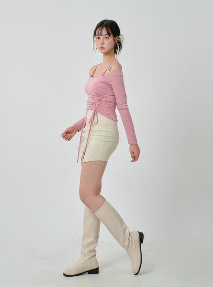 Off-Shoulder Double Front Tie Ruched Top IJ304