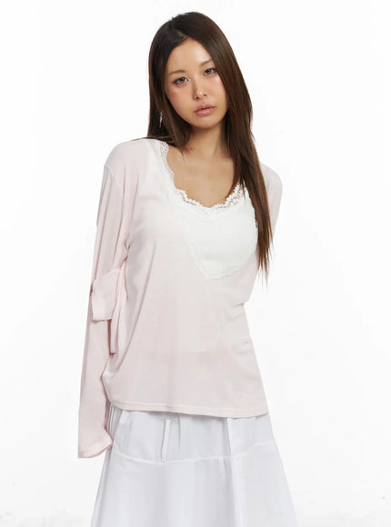 Lace Trim V-Neck Relaxed Top IY504
