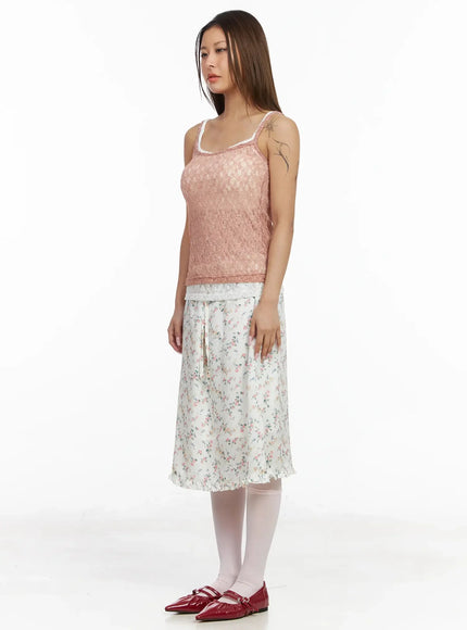 Floral Satin Ruffle Hem Midi Skirt IA527
