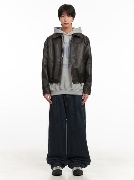 Men's Vintage Faux-Leather Collared Jacket IA510