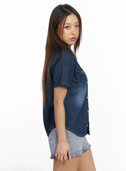 Short Sleeve Denim Button-Up Shirt IY501