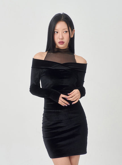 Velvet Off-Shoulder Mesh Neck Mini Dress BD23