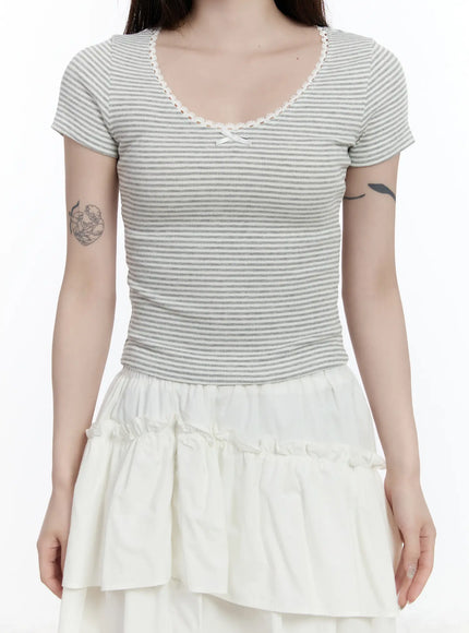 Scoop Neck Striped Lace Top CA503