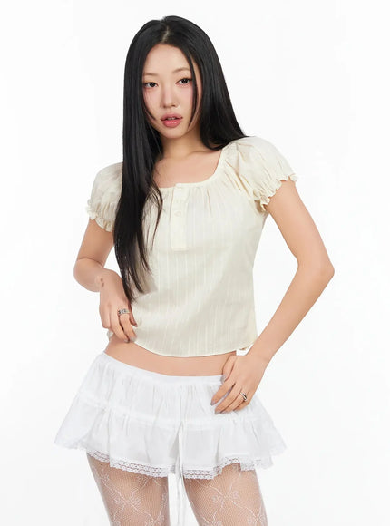 Vintage Puff Sleeve Lace Trim Blouse IA507