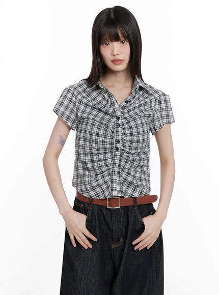 shirred-plaid-button-up-blouse-il531