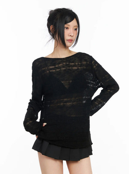 sheer-boat-neck-long-sleeve-knit-top-cm517 / Black