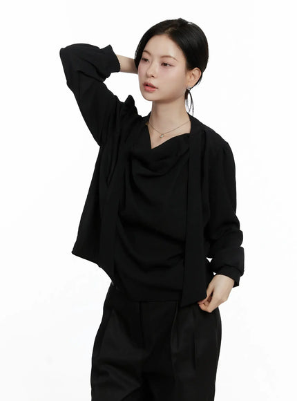 elegant-draped-long-sleeve-blouse-f502 / Black