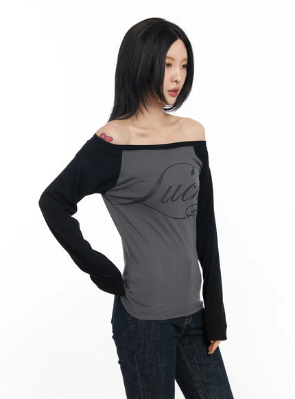 off-shoulder-raglan-long-sleeve-top-cf526 / Black