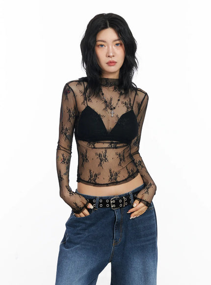 Floral Mesh See-Through Long Sleeve Top CJ522