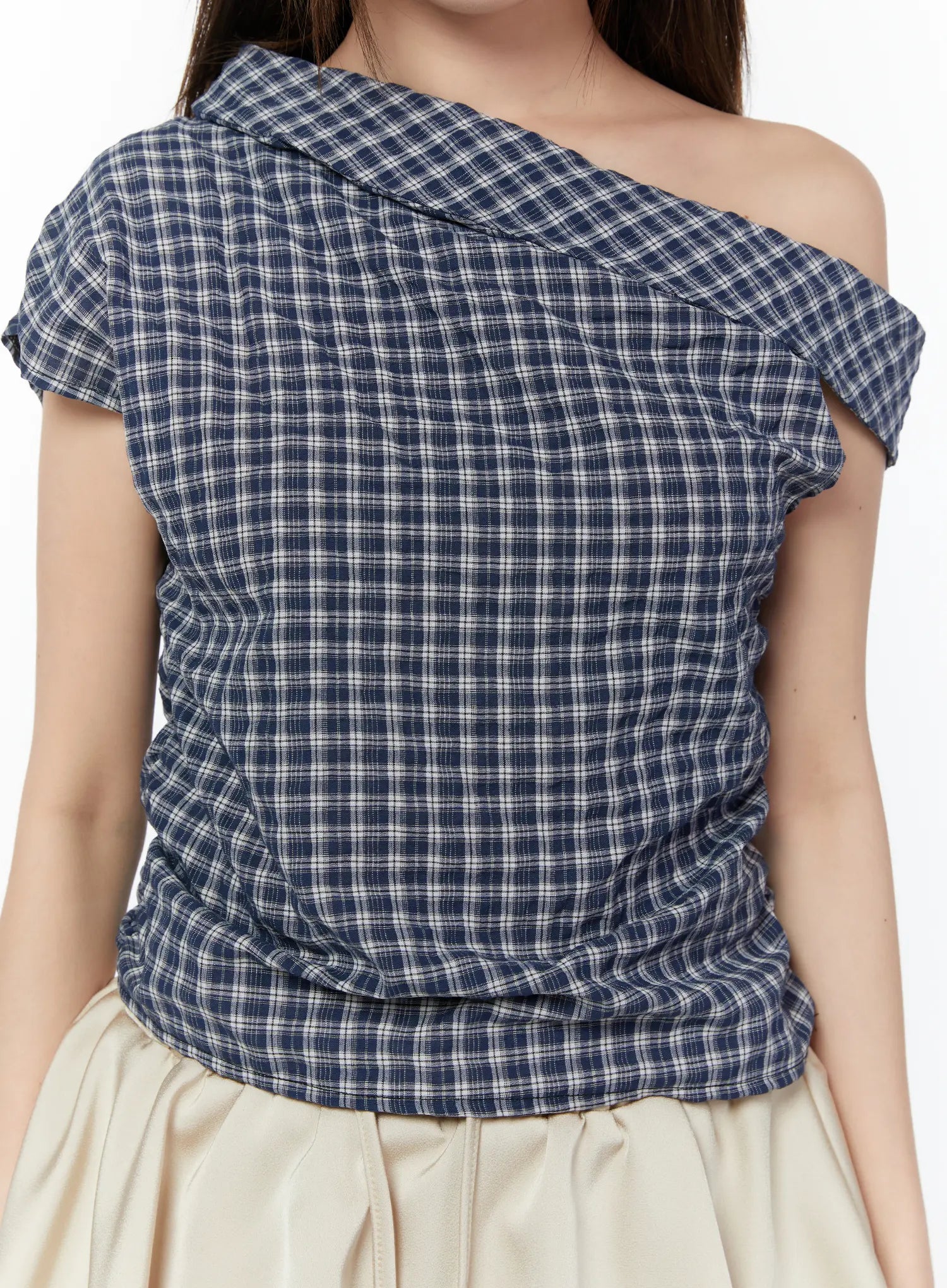 asymmetric-ruched-plaid-blouse-cy519