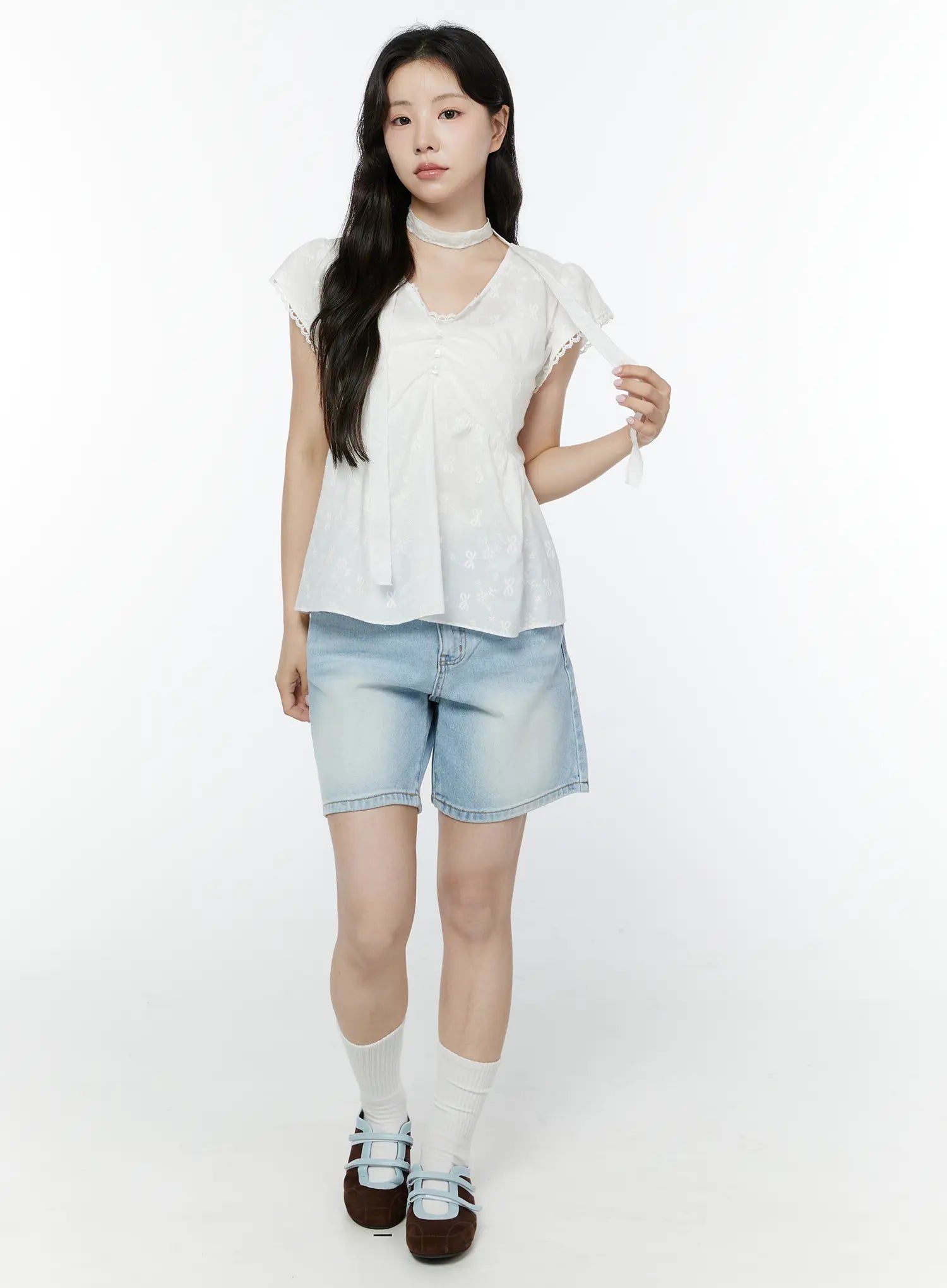 embroidered-ribbon-blouse-and-skinny-scarf-set-iy511