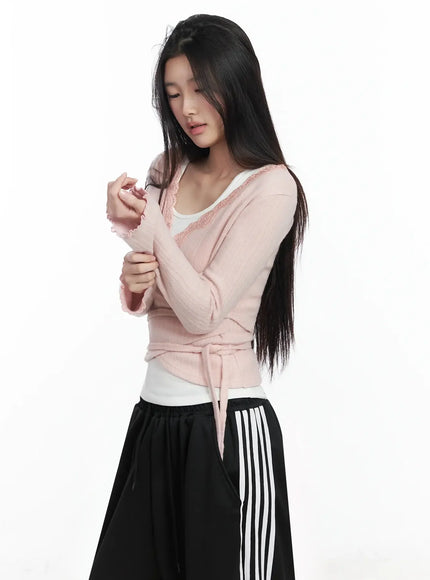 Lace Trim V-Neck Wrap Top IM506