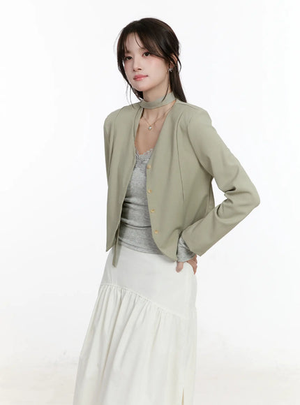 chic-u-neck-crop-jacket-with-scarf-cm505 / Light green