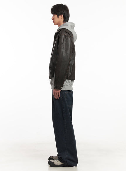 Men's Vintage Faux-Leather Collared Jacket IA510