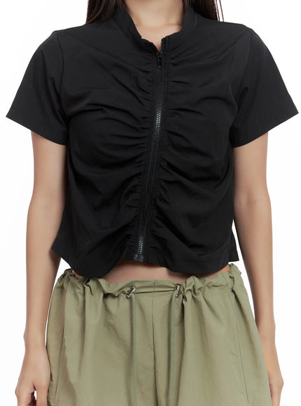 shirred-zip-nylon-short-sleeve-jacket-cl509