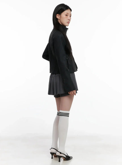 High Neck Zip Up Faux Leather Jacket IS508