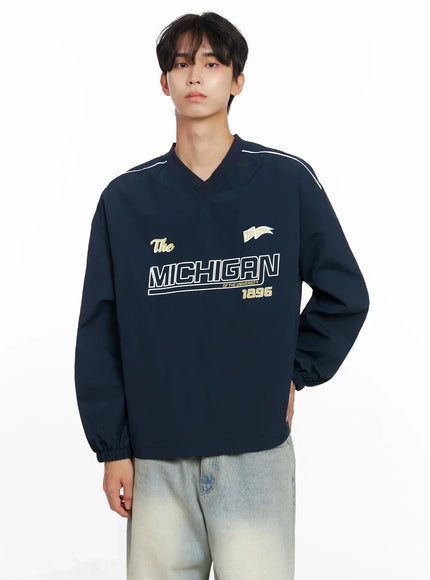 Men's V-Neck Lettering Windbreak Pullover IO516