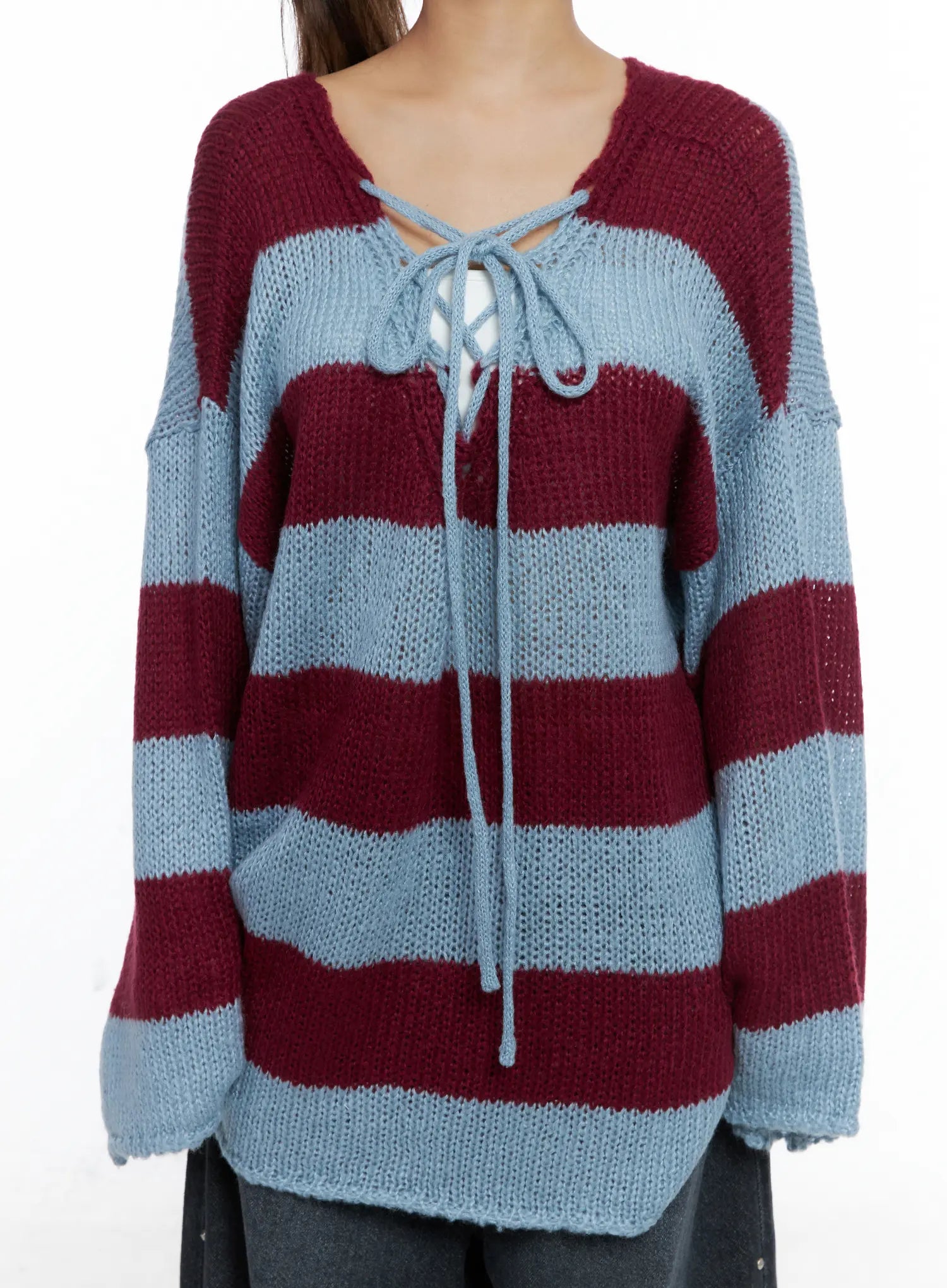 striped-lace-up-long-sleeve-knit-top-cs505