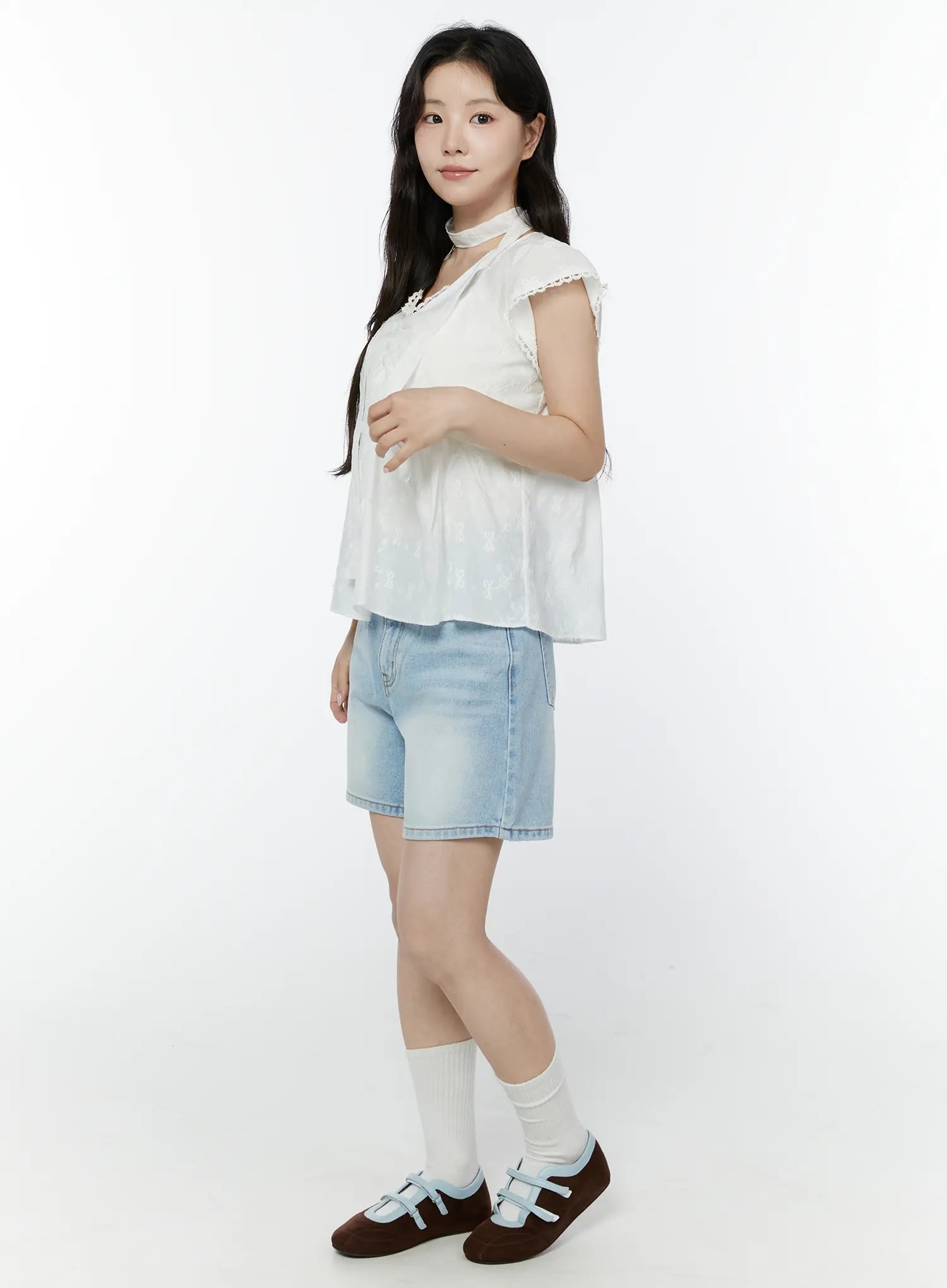 embroidered-ribbon-blouse-and-skinny-scarf-set-iy511