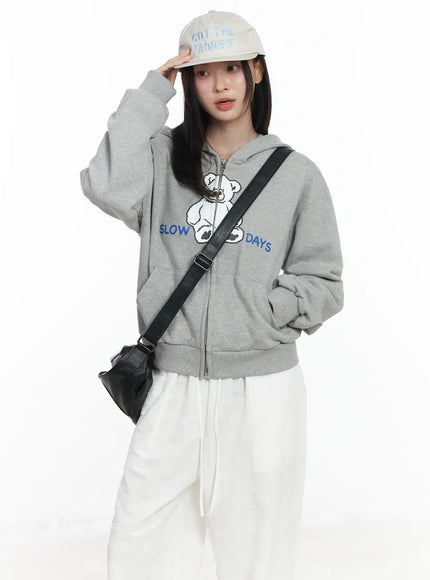 Teddy Bear Graphic Two-Way Zip-Up Hoodie IF525