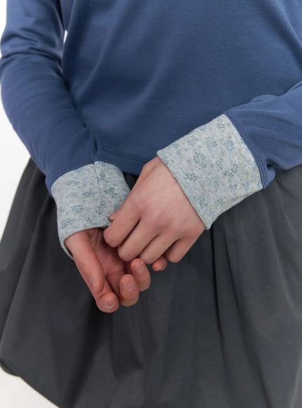 Two-Tone Collar Floral Long Sleeve Tee CM513