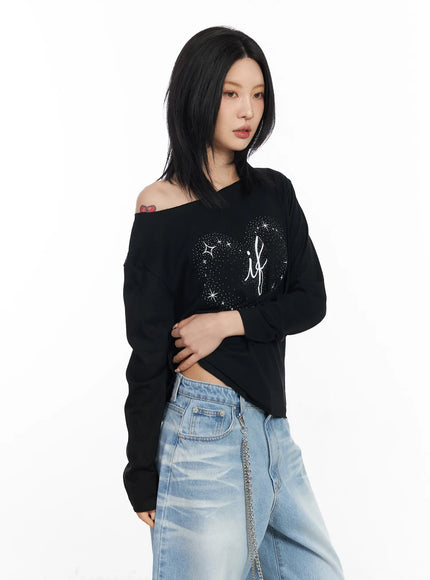 Off-Shoulder Graphic Long Sleeve Top CF526