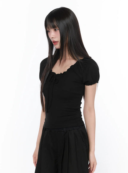frill-trim-puff-sleeve-blouse-ca528 / Black