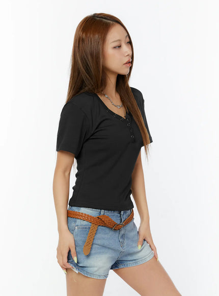 casual-v-neck-short-sleeve-tee-cy520 / Black