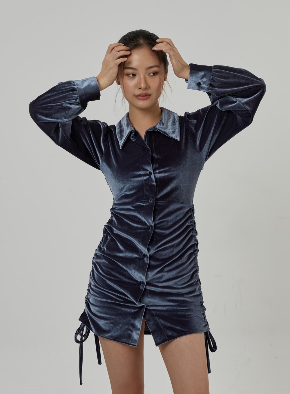 Side Tie Ruching Velvet Long Sleeve Mini Dress CD23