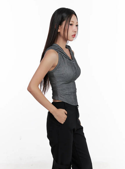 Ribbed Button Hoodie Crop Tank CL518