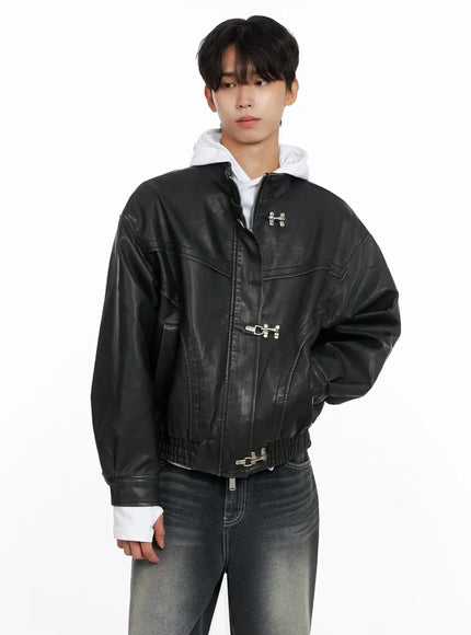 Men's Faux Leather Toggle Buckle Jacket IO517