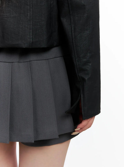 High Neck Zip Up Faux Leather Jacket IS508