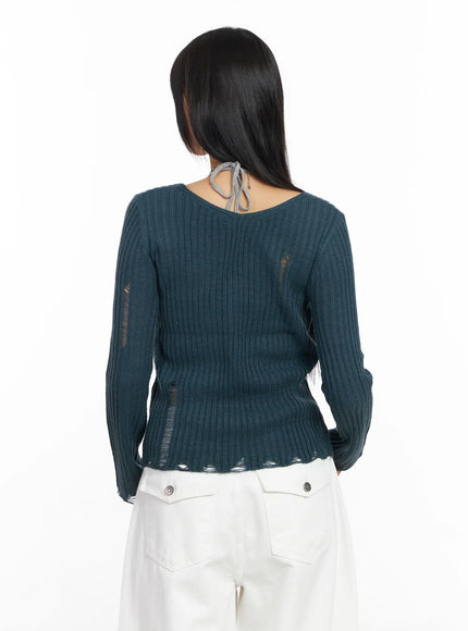 Distressed V-Neck Knit Sweater CF504