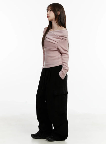 Fleece Off-Shoulder Long Sleeve Top IJ521