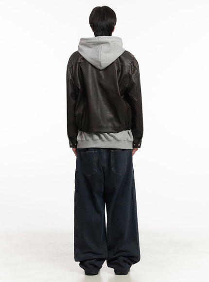 Men's Vintage Faux-Leather Collared Jacket IA510