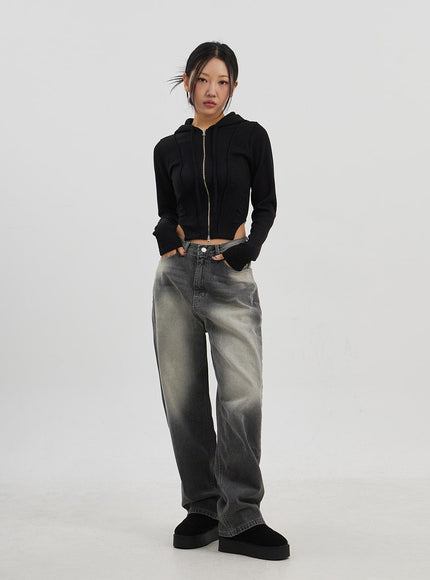 Ribbed Cropped Zip-Up Hoodie CJ330