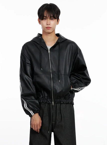 Men's Faux Leather Track Hooded Jacket IO516