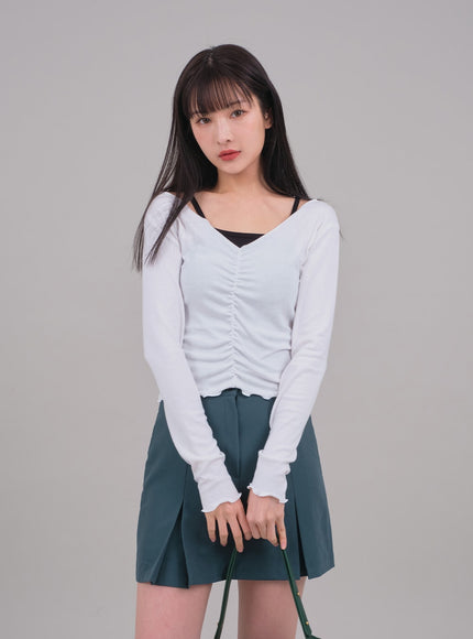 Cropped Long Sleeve Top with Front Shirring C2701