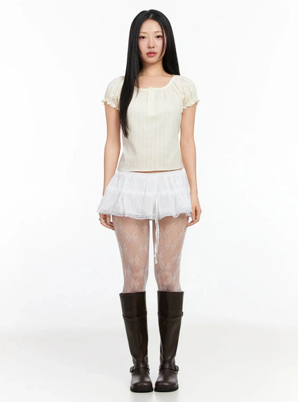 Vintage Puff Sleeve Lace Trim Blouse IA507