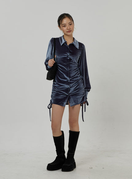 Side Tie Ruching Velvet Long Sleeve Mini Dress CD23