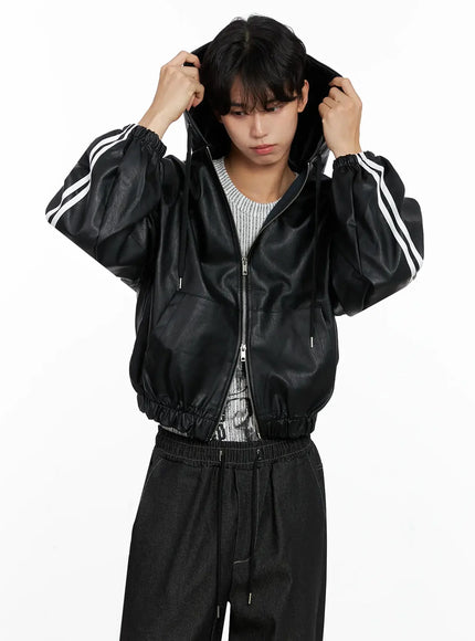 Men's Faux Leather Track Hooded Jacket IO517