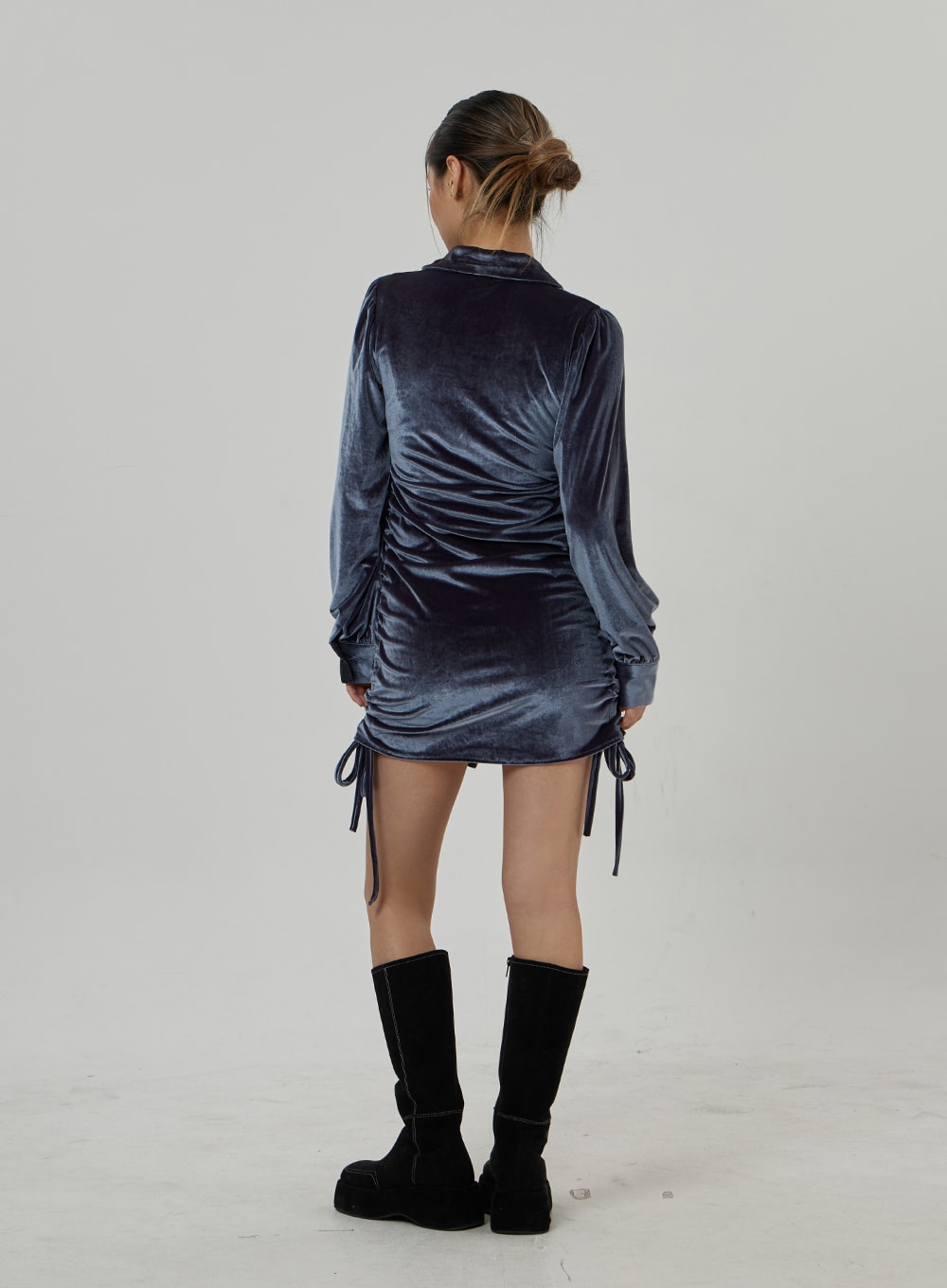 Side Tie Ruching Velvet Long Sleeve Mini Dress CD23
