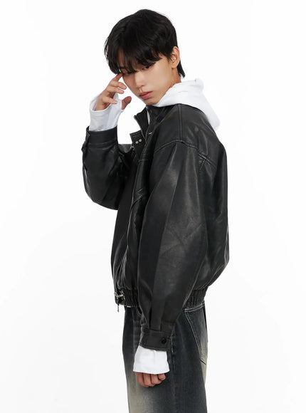 Men's Faux Leather Toggle Buckle Jacket IO517