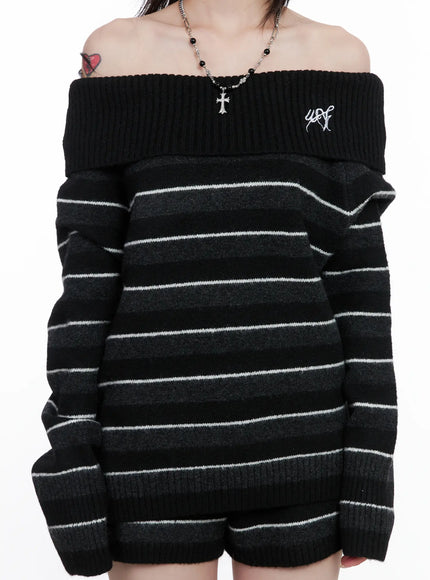 Striped Off-Shoulder Sweater and Shorts Set CS529